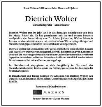 Traueranzeige von Dietrich Wolter von Frankfurter Allgemeine Zeitung