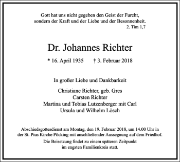 Traueranzeige von Dr. Johannes Richter von Frankfurter Allgemeine Zeitung