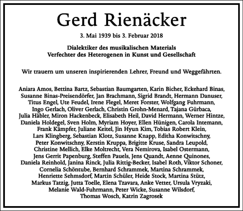  Traueranzeige für Gerd Rienäcker vom 28.02.2018 aus Frankfurter Allgemeine Zeitung