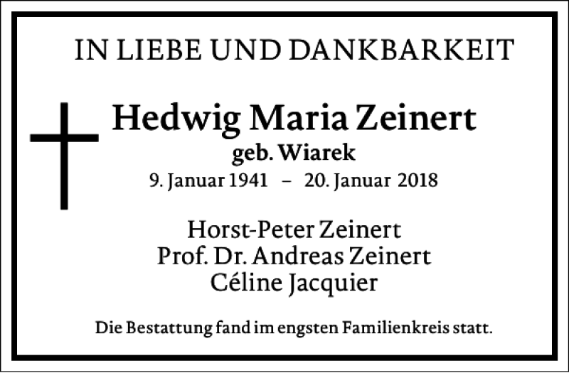  Traueranzeige für Hedwig Maria Zeinert vom 24.02.2018 aus Frankfurter Allgemeine Zeitung