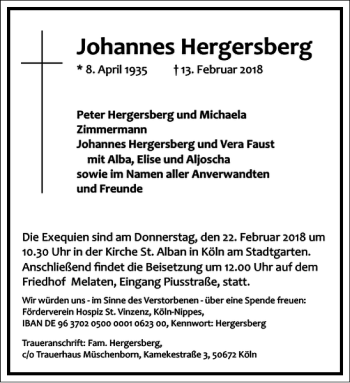 Traueranzeige von Johannes Hergersberg von Frankfurter Allgemeine Zeitung