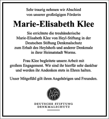 Traueranzeige von Marie-Elisabeth Klee von Frankfurter Allgemeine Zeitung
