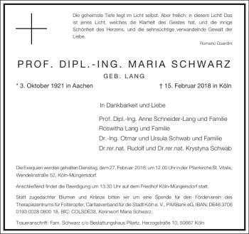 Traueranzeige von PROF. DIPL-ING. MARIA SCHWARZ von Frankfurter Allgemeine Zeitung