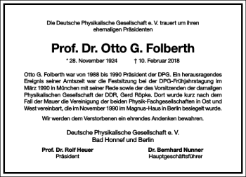 Traueranzeige von Prof. Dr. Otto G. Folberth von Frankfurter Allgemeine Zeitung