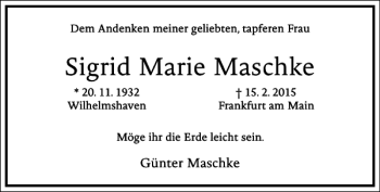 Traueranzeige von Sigrid Marie Maschke von Frankfurter Allgemeine Zeitung
