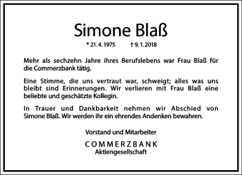 Traueranzeige von Simone Blaß von Frankfurter Allgemeine Zeitung