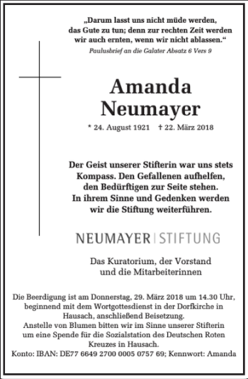 Traueranzeige von Amanda Neumayer von Frankfurter Allgemeine Zeitung