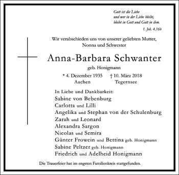 Traueranzeige von Anna-Barbara Schwanter von Frankfurter Allgemeine Zeitung