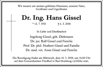 Traueranzeige von Dr. Ing. Hans Gissel von Frankfurter Allgemeine Zeitung