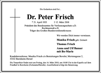 Traueranzeige von Dr. Peter Frisch von Frankfurter Allgemeine Zeitung
