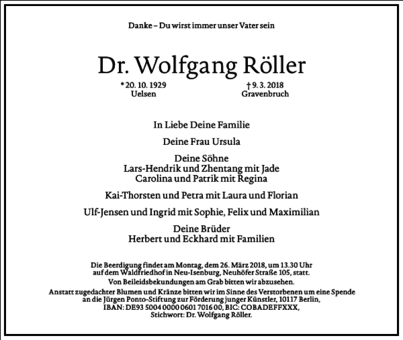  Traueranzeige für Dr. Wolfgang Röller vom 16.03.2018 aus Frankfurter Allgemeine Zeitung