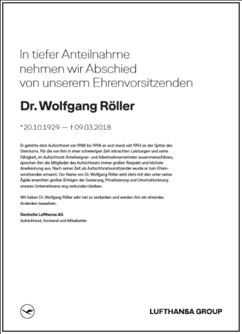 Traueranzeige von Dr. Wolfgang Röller von Frankfurter Allgemeine Zeitung