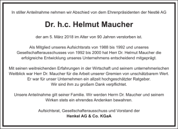 Traueranzeige von Dr. h. c. Helmut Maucher von Frankfurter Allgemeine Zeitung