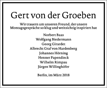 Traueranzeige von Gert von der Groeben von Frankfurter Allgemeine Zeitung