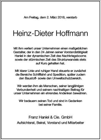 Traueranzeige von Heinz-Dieter Hoffmann von Frankfurter Allgemeine Zeitung