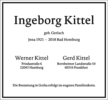 Traueranzeige von Ingeborg Kittel von Frankfurter Allgemeine Zeitung