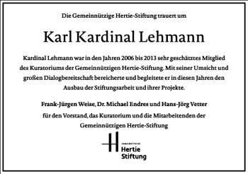 Traueranzeige von Karl Kardinal Lehmann von Frankfurter Allgemeine Zeitung