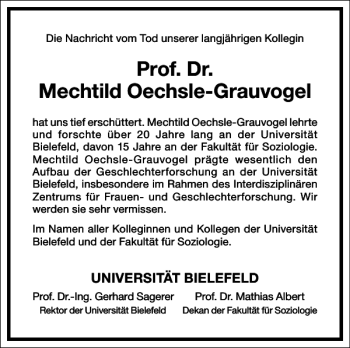 Traueranzeige von Prof. Dr. Mechtild Oechsle-Grauvogel von Frankfurter Allgemeine Zeitung