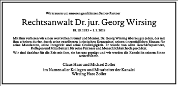 Traueranzeige von Rechtsanwalt Dr. jur. Georg Wirsing von Frankfurter Allgemeine Zeitung