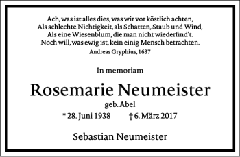 Traueranzeige von Rosemarie Neumeister von Frankfurter Allgemeine Zeitung