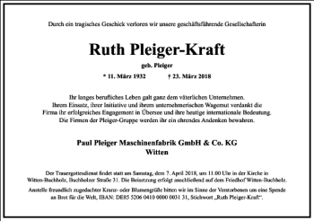 Traueranzeige von Ruth Pleiger-Kraft von Frankfurter Allgemeine Zeitung