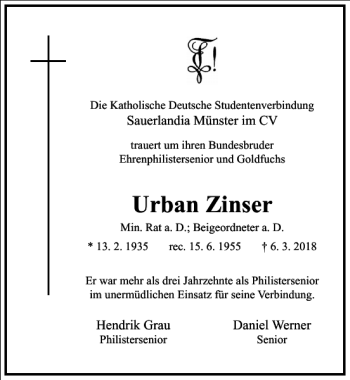 Traueranzeige von Urban Zinser von Frankfurter Allgemeine Zeitung
