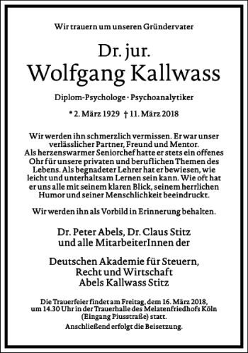 Traueranzeige von Wolfgang Kallwass von Frankfurter Allgemeine Zeitung