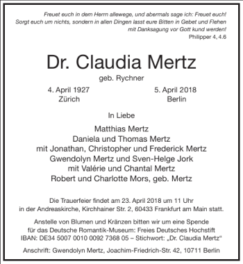 Traueranzeige von Dr. Claudia Mertz von Frankfurter Allgemeine Zeitung