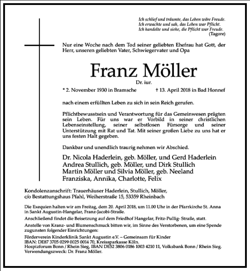  Traueranzeige für Franz Möller vom 18.04.2018 aus Frankfurter Allgemeine Zeitung