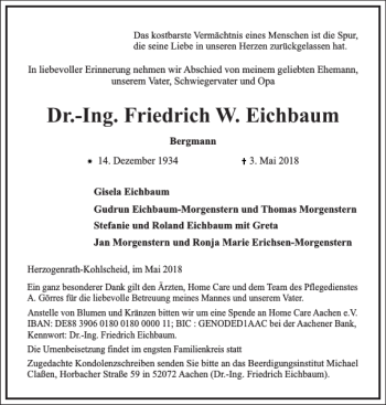 Traueranzeige von Dr.-Ing. Friedrich W. Eichbaum von Frankfurter Allgemeine Zeitung