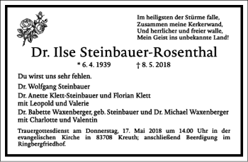 Traueranzeige von Dr. Ilse Steinbauer-Rosenthal von Frankfurter Allgemeine Zeitung