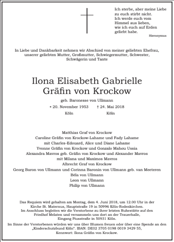 Traueranzeige für Ilona Elisabeth Gabrielle Gräfin von Krockow  vom 30.05.2018 aus Frankfurter Allgemeine Zeitung