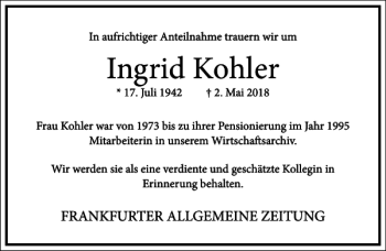 Traueranzeige von Ingrid Kohler von Frankfurter Allgemeine Zeitung