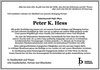 Traueranzeige von Peter K. Hess von Frankfurter Allgemeine Zeitung