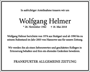 Traueranzeige von Wolfgang Helmer von Frankfurter Allgemeine Zeitung