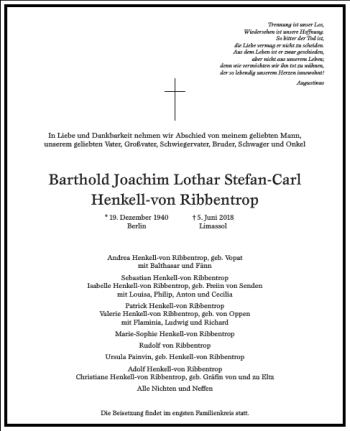 Traueranzeige von Barthold Joachim Lothar Stefan-Carl Henkell-von Ribbentrop  von Frankfurter Allgemeine Zeitung