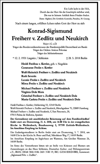 Traueranzeige von Konrad-Sigismund Freiherr v. Zedlitz und Neukirch  von Frankfurter Allgemeine Zeitung