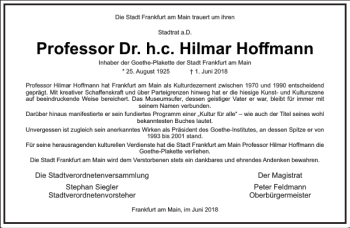 Traueranzeige von Professor Dr. h. c. Hilmar Hoffmann  von Frankfurter Allgemeine Zeitung