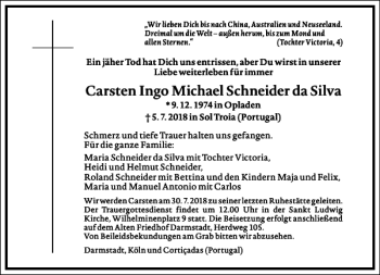 Traueranzeige von Carsten Ingo Michael Schneider da Silva  von Frankfurter Allgemeine Zeitung