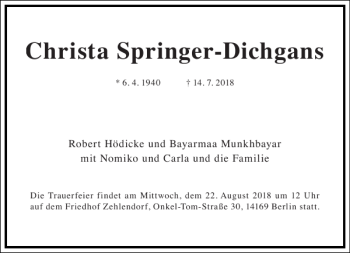 Traueranzeige von Christa Springer-Dichgans von Frankfurter Allgemeine Zeitung