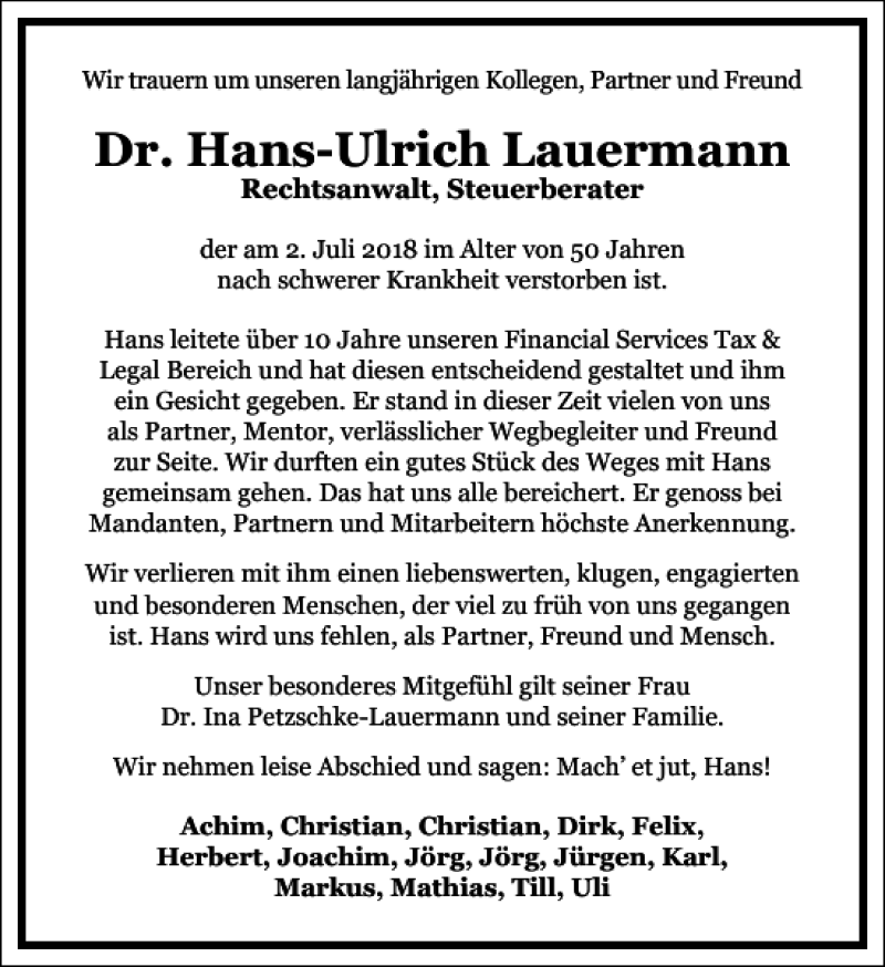  Traueranzeige für Dr. Hans-Ulrich Lauermann vom 07.07.2018 aus Frankfurter Allgemeine Zeitung