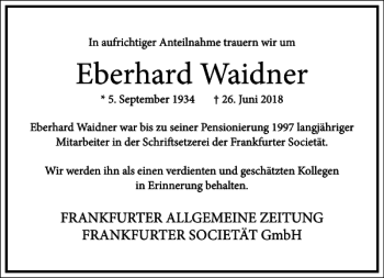 Traueranzeige von Eberhard Waidner von Frankfurter Allgemeine Zeitung