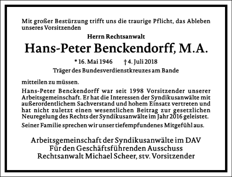  Traueranzeige für Hans-Peter Benckendorff M. A vom 07.07.2018 aus Frankfurter Allgemeine Zeitung