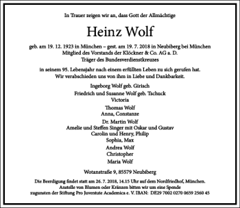 Traueranzeige von Heinz Wolf von Frankfurter Allgemeine Zeitung