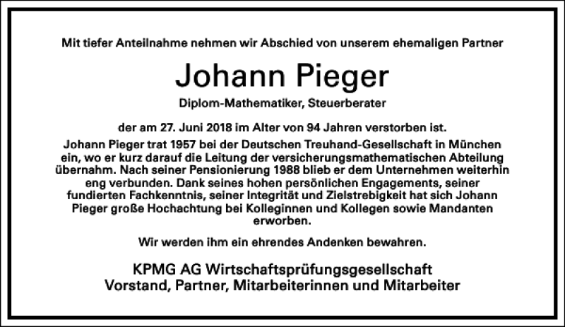 Traueranzeige für Johann Pieger vom 14.07.2018 aus Frankfurter Allgemeine Zeitung