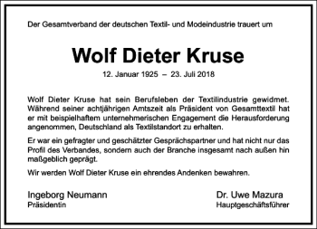 Traueranzeige von Wolf Dieter Kruse von Frankfurter Allgemeine Zeitung
