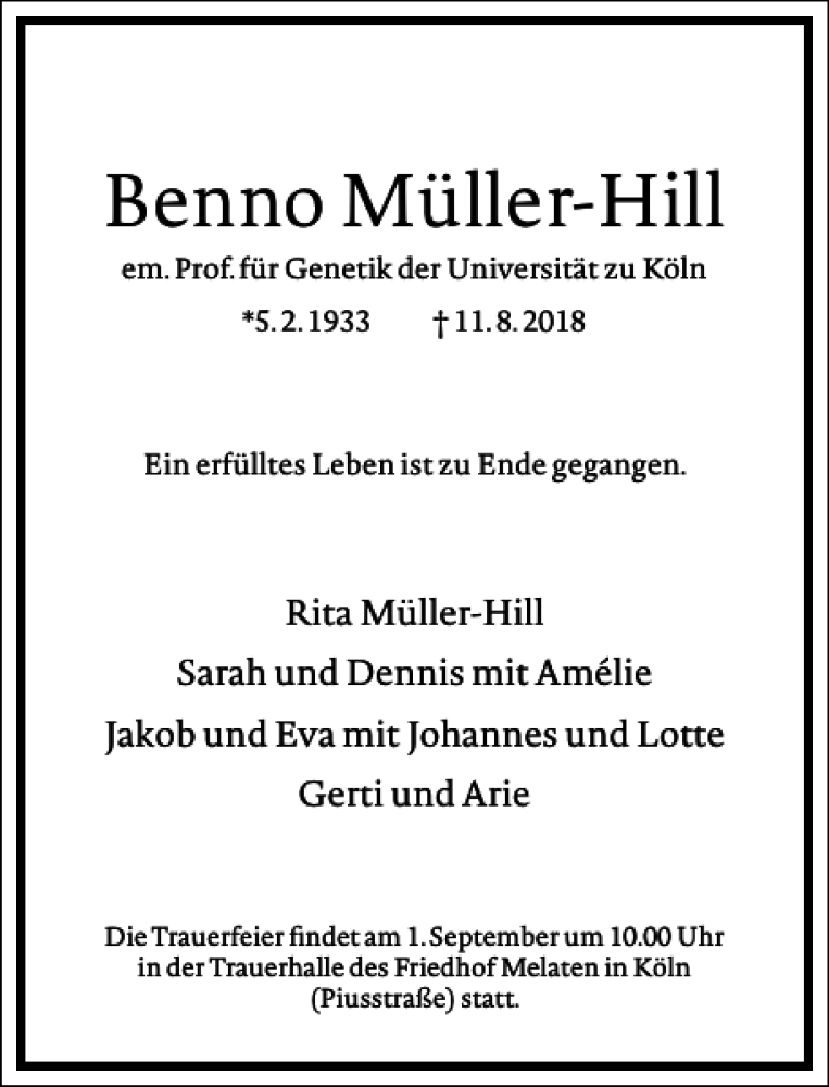  Traueranzeige für Benno Müller-Hill vom 18.08.2018 aus Frankfurter Allgemeine Zeitung