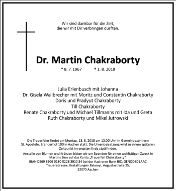 Traueranzeige von Dr. Martin Chakraborty von Frankfurter Allgemeine Zeitung