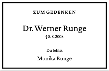 Traueranzeige von Dr. Werner Runge von Frankfurter Allgemeine Zeitung