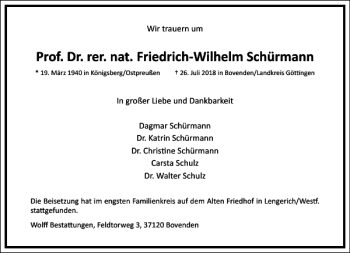 Traueranzeige von Prof. Dr. rer. nat. Friedrich-Wilhelm Schürmann  von Frankfurter Allgemeine Zeitung
